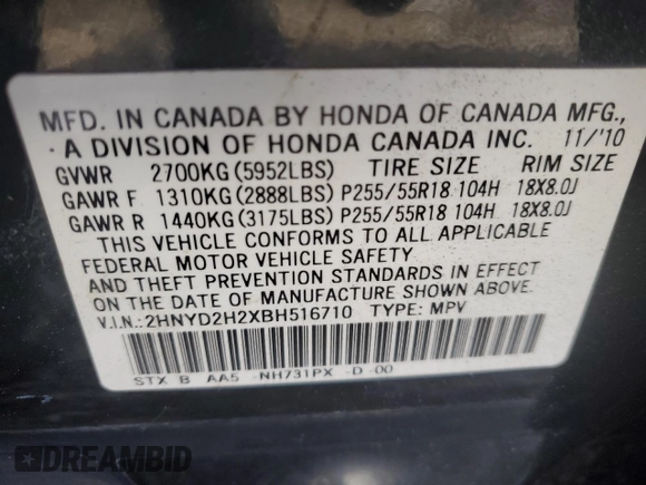 2011 Acura MDX with VIN 2HNYD2H2XBH516710, listed as a Copart auction lot 42904125 with 0 mi miles and Salvage Title. Bid and sale history available at carsss.com. Image 13.