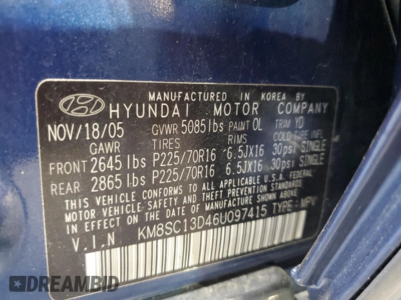 2006 Hyundai Santa Fe GLS with VIN KM8SC13D46U097415, listed as a Copart auction lot 72218874 with 126,556 mi miles and Clean Title. Bid and sale history available at carsss.com. Image 13.