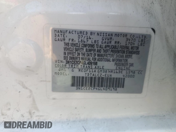 2016 Nissan Note SV with VIN 3N1CE2CP4GL409198, listed as a Copart auction lot 59125065 with 153,290 mi miles and Clean title. Bid and sale history available at DreamBid. Image 12.
