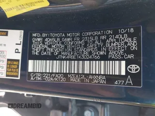 2019 Toyota Corolla Hatchback SE with VIN JTNK4RBE1K3024766, listed as a IAAI auction lot 42037121 with 121,595 mi miles. Bid and sale history available at carsss.com. Image 9.