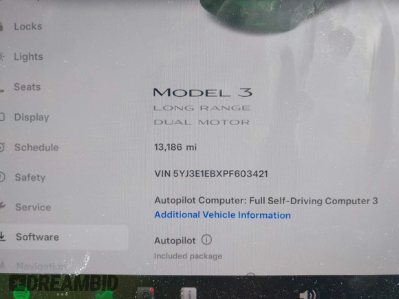 2023 Tesla Model 3 Long Range with VIN 5YJ3E1EBXPF603421, listed as a IAAI auction lot 42105037 with 13,186 mi miles and . Bid and sale history available at DreamBid. Image 7.