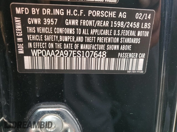 2014 Porsche 911 Carrera with VIN WP0AA2A97ES107648, listed as a Copart auction lot 75061834 with 0 mi miles and Non Repairable. Bid and sale history available at carsss.com. Image 13.