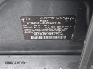 2017 BMW 3 Series 330i with VIN WBA8B9G30HNU52964, listed as a IAAI auction lot 41538624 with 96,997 mi miles. Bid and sale history available at carsss.com. Image 9.
