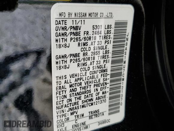 2012 Infiniti FX35 with VIN JN8AS1MU7CM121370, listed as a Copart auction lot 54534085 with 113,026 mi miles and Clean Title. Bid and sale history available at carsss.com. Image 13.