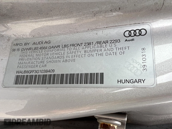 2016 Audi A3 2.0T Premium with VIN WAUB8GFF3G1038409, listed as a IAAI auction lot 42143505 with 182,222 mi miles. Bid and sale history available at carsss.com. Image 8.