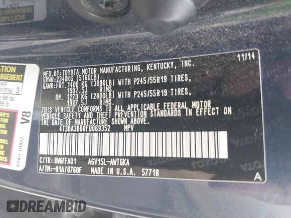 2015 Toyota Venza LE with VIN 4T3BA3BB8FU069352, listed as a IAAI auction lot 42534758 with 117,093 mi miles and . Bid and sale history available at DreamBid. Image 9.