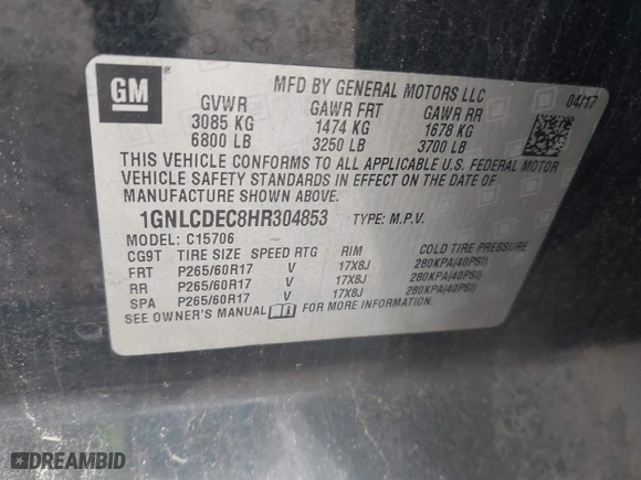 2017 Chevrolet Tahoe Commercial with VIN 1GNLCDEC8HR304853, listed as a IAAI auction lot 41924731 with 175,577 mi miles. Bid and sale history available at carsss.com. Image 9.