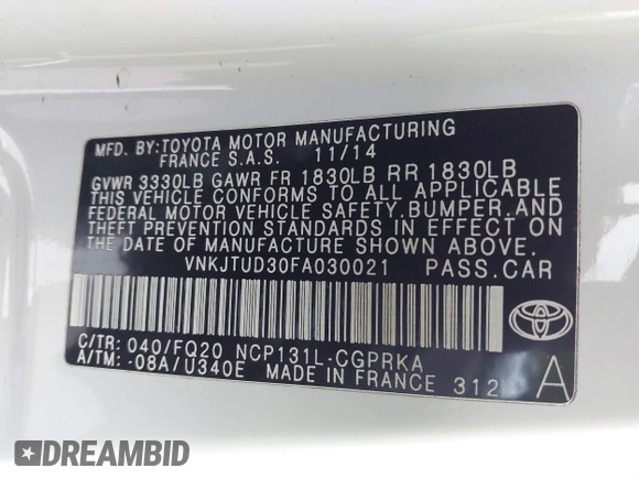 2015 Toyota Yaris L with VIN VNKJTUD30FA030021, listed as a IAAI auction lot 41805928 with 188,849 mi miles and . Bid and sale history available at carsss.com. Image 9.