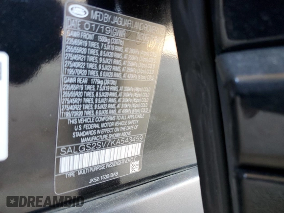 2019 Land Rover Range Rover HSE with VIN SALGS2SV7KA543459, listed as a Copart auction lot 50361955 with 54,538 mi miles and Salvage Title. Bid and sale history available at DreamBid. Image 13.