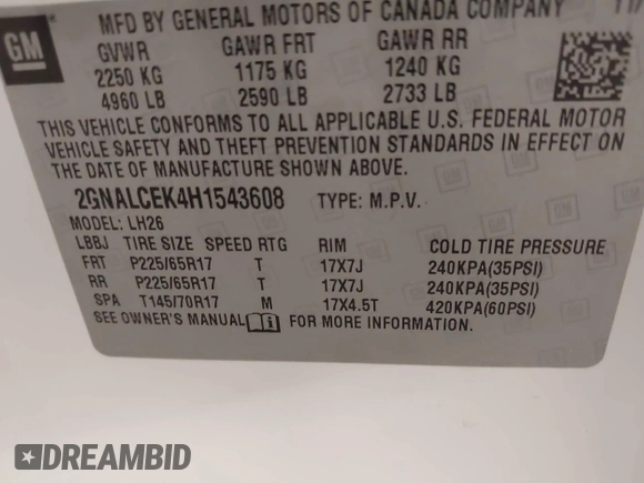 2017 Chevrolet Equinox LT with VIN 2GNALCEK4H1543608, listed as a IAAI auction lot 41989877 with 105,008 mi miles. Bid and sale history available at carsss.com. Image 9.
