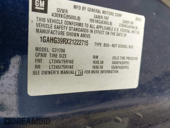 2002 Chevrolet Express with VIN 1GAHG39RX21222715, listed as a IAAI auction lot 42201370 with 107,516 mi miles. Bid and sale history available at carsss.com. Image 9.
