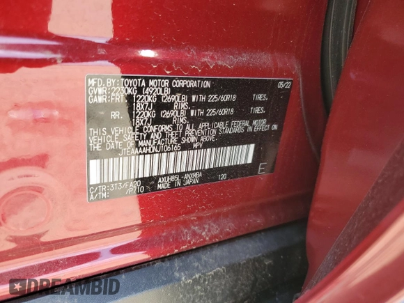 2022 Toyota Venza LE with VIN JTEAAAAH0NJ106165, listed as a Copart auction lot 61707314 with 37,786 mi miles and Salvage Title. Bid and sale history available at carsss.com. Image 15.