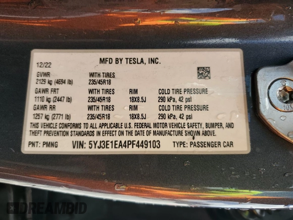 2023 Tesla Model 3 с VIN 5YJ3E1EA4PF449103, выставлен на аукционе Copart как лот 61309645 с пробегом 131 784 миль миль и Чистый • Clean title. История ставок и продаж доступна на DreamBid. Изображение 12.