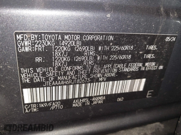 2024 Toyota Venza LE with VIN JTEAAAAH6RJ182673, listed as a IAAI auction lot 41556642 with 3,466 mi miles. Bid and sale history available at carsss.com. Image 9.