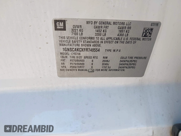 2015 Chevrolet Tahoe LS with VIN 1GNSCAKCXFR748554, listed as a IAAI auction lot 41765865 with 160,282 mi miles and . Bid and sale history available at DreamBid. Image 9.