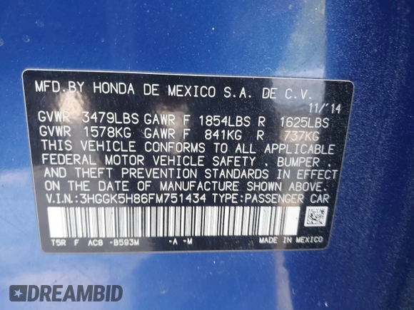 2015 Honda Fit EX-L with VIN 3HGGK5H86FM751434, listed as a IAAI auction lot 42065501 with 106,546 mi miles. Bid and sale history available at carsss.com. Image 9.