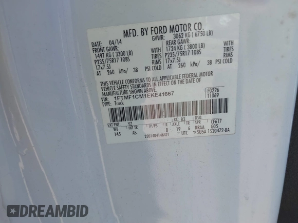 2014 Ford F-150 XL with VIN 1FTMF1CM1EKE41667, listed as a IAAI auction lot 41847599 with 31,671 mi miles and . Bid and sale history available at DreamBid. Image 9.
