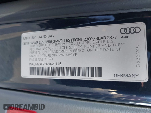 2019 Audi A6 Prestige with VIN WAUM2AF25KN021116, listed as a IAAI auction lot 41959018 with 57,742 mi miles. Bid and sale history available at carsss.com. Image 9.