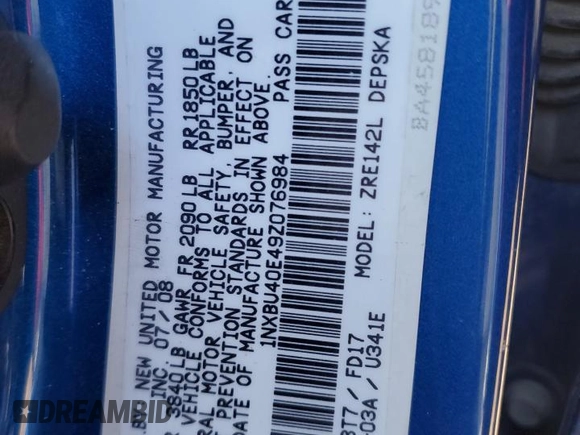 2009 Toyota Corolla with VIN 1NXBU40E49Z076984, listed as a Copart auction lot 50426695 with 151,710 mi miles and Salvage Title. Bid and sale history available at carsss.com. Image 13.