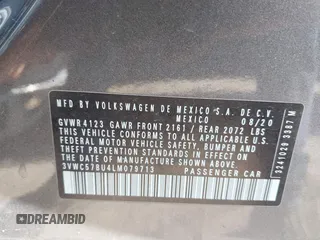 2020 Volkswagen Jetta S with VIN 3VWC57BU4LM079713, listed as a IAAI auction lot 42368406 with 50,130 mi miles and . Bid and sale history available at DreamBid. Image 9.