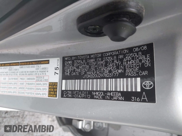 2009 Toyota Prius with VIN JTDKB20U297823177, listed as a IAAI auction lot 41941136 with Not Provided miles. Bid and sale history available at carsss.com. Image 9.