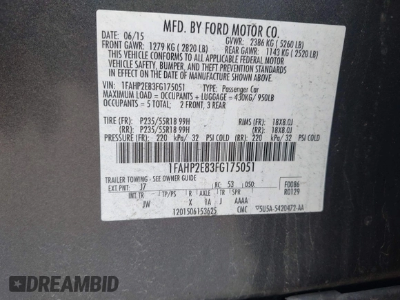 2015 Ford Taurus SEL with VIN 1FAHP2E83FG175051, listed as a IAAI auction lot 42357517 with 200,033 mi miles and . Bid and sale history available at DreamBid. Image 9.
