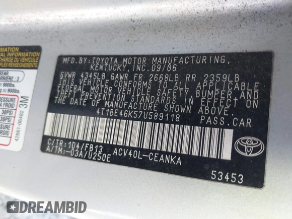 2007 Toyota Camry CE with VIN 4T1BE46K57U589118, listed as a IAAI auction lot 41693366 with 136,385 mi miles and . Bid and sale history available at DreamBid. Image 9.