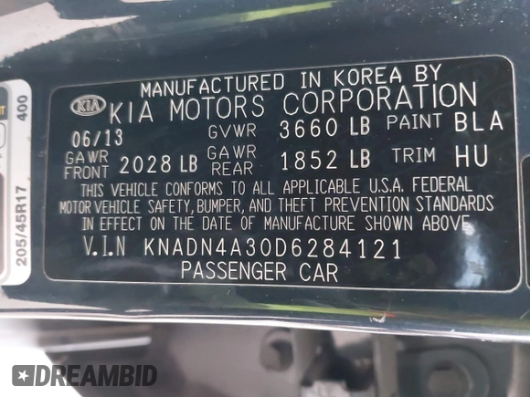 2013 Kia Rio SX with VIN KNADN4A30D6284121, listed as a IAAI auction lot 42109956 with 79,883 mi miles. Bid and sale history available at carsss.com. Image 9.
