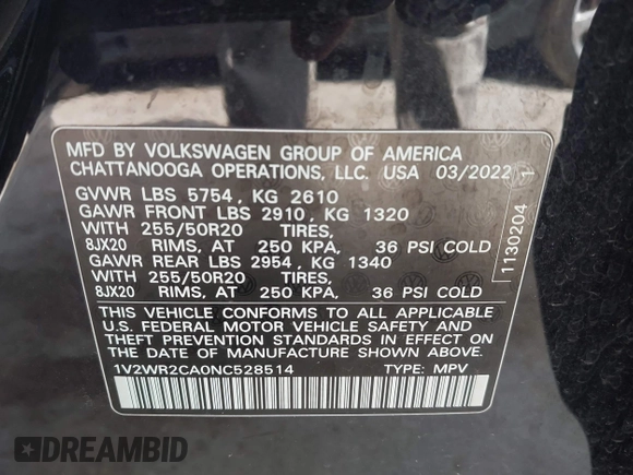 2022 Volkswagen Atlas SE with VIN 1V2WR2CA0NC528514, listed as a IAAI auction lot 42403584 with 60,778 mi miles and . Bid and sale history available at DreamBid. Image 9.