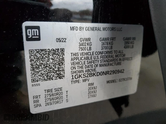 2022 GMC Yukon SLT with VIN 1GKS2BKD0NR290942, listed as a Copart auction lot 82338794 with 26,392 mi miles and Salvage Title. Bid and sale history available at carsss.com. Image 15.