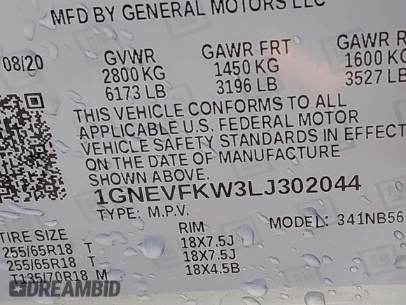 2020 Chevrolet Traverse LS with VIN 1GNEVFKW3LJ302044, listed as a IAAI auction lot 41211456 with 49,666 mi miles and . Bid and sale history available at DreamBid. Image 9.