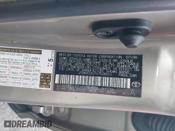 2006 Toyota Prius with VIN JTDKB22U767528651, listed as a IAAI auction lot 40373746 with 1 mi miles. Bid and sale history available at carsss.com. Image 9.