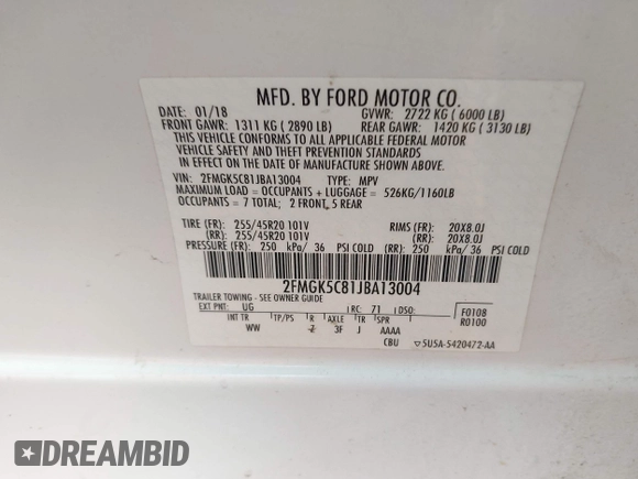 2018 Ford Flex SEL z VIN 2FMGK5C81JBA13004, wystawiony jako IAAI lot #42219904 z przebiegiem 107 723 mil mil oraz . Historia ofert i sprzedaży dostępna na DreamBid. Obrazek 9.