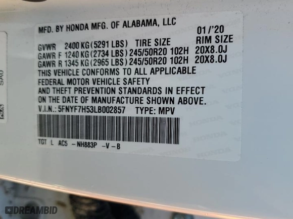 2020 Honda Passport EX-L with VIN 5FNYF7H53LB002857, listed as a Copart auction lot 77370934 with 0 mi miles and Non Repairable. Bid and sale history available at carsss.com. Image 14.