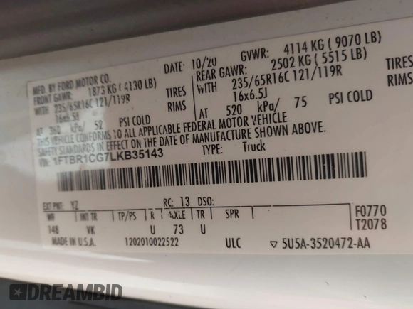 2020 Ford Transit Cargo с VIN 1FTBR1CG7LKB35143, выставлен на аукционе IAAI как лот 42353601 с пробегом 118 549 миль миль и . История ставок и продаж доступна на DreamBid. Изображение 9.