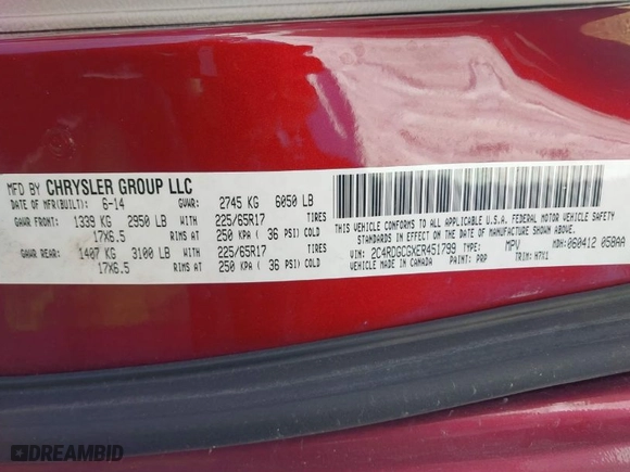 2014 Dodge Grand Caravan SXT with VIN 2C4RDGCGXER451799, listed as a IAAI auction lot 41625716 with 196,198 mi miles. Bid and sale history available at carsss.com. Image 9.