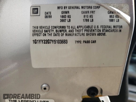 2000 Chevrolet Corvette with VIN 1G1YY22G7Y5103683, listed as a Copart auction lot 69292574 with 104,614 mi miles and Salvage Title. Bid and sale history available at carsss.com. Image 12.
