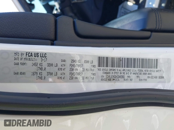 2017 Jeep Grand Cherokee Altitude z VIN 1C4RJEAG6HC845961, wystawiony jako IAAI lot #42688844 z przebiegiem 144 390 mil mil oraz . Historia ofert i sprzedaży dostępna na DreamBid. Obrazek 9.