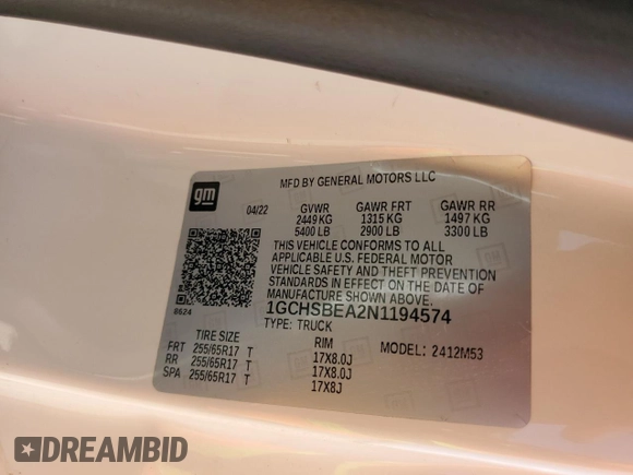 2022 Chevrolet Colorado 2WD Work Truck with VIN 1GCHSBEA2N1194574, listed as a Copart auction lot 56701075 with 34,758 mi miles and Salvage title. Bid and sale history available at DreamBid. Image 12.