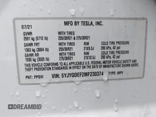 2021 Tesla Model Y Performance with VIN 5YJYGDEF2MF230374, listed as a IAAI auction lot 41708828 with 20,272 mi miles. Bid and sale history available at carsss.com. Image 9.