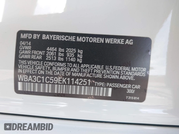 2014 BMW 3 Series 328i with VIN WBA3C1C59EK114251, listed as a IAAI auction lot 41636531 with 1 mi miles. Bid and sale history available at carsss.com. Image 9.