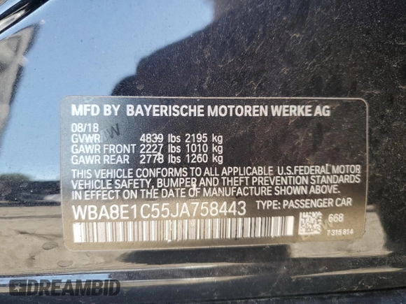 2018 BMW 3 Series 330e iPerformance with VIN WBA8E1C55JA758443, listed as a Copart auction lot 89356485 with 35,599 mi miles and Salvage Title. Bid and sale history available at carsss.com. Image 13.