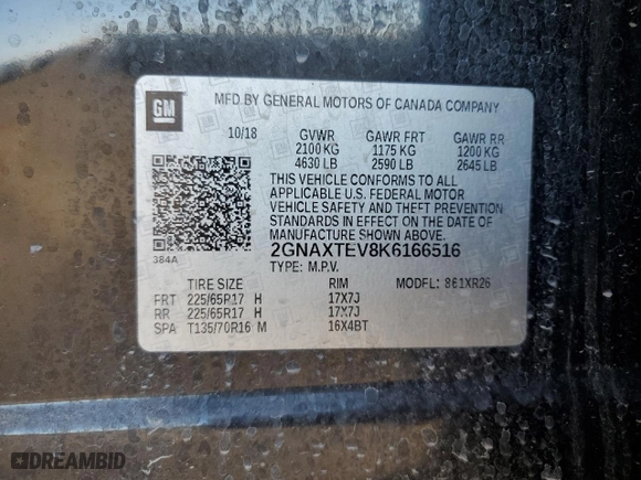 2019 Chevrolet Equinox LT with VIN 2GNAXTEV8K6166516, listed as a Copart auction lot 49883285 with 98,328 mi miles and Salvage Title. Bid and sale history available at carsss.com. Image 14.
