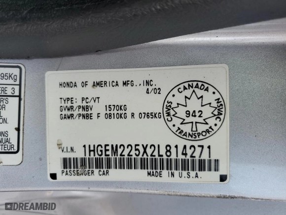 2002 Honda Civic LX with VIN 1HGEM225X2L814271, listed as a Copart auction lot 43064685 with 336,492 mi miles and Salvage Title. Bid and sale history available at carsss.com. Image 12.