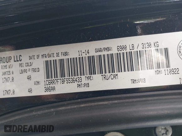 2015 Ram 1500 Express with VIN 1C6RR7FT8FS536433, listed as a IAAI auction lot 42238928 with 77,404 mi miles and . Bid and sale history available at DreamBid. Image 9.