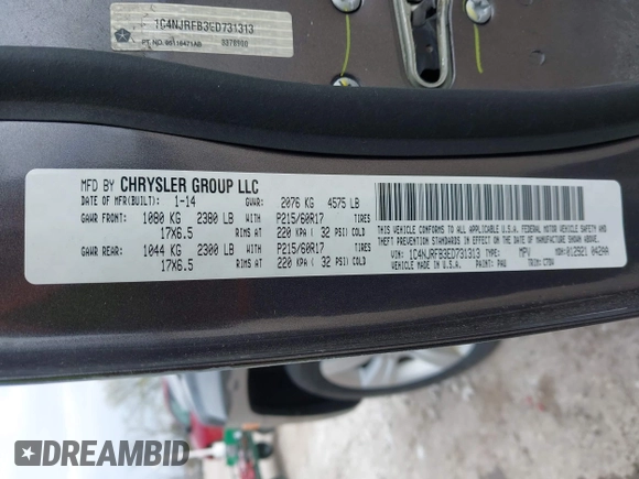 2014 Jeep Patriot Latitude with VIN 1C4NJRFB3ED731313, listed as a IAAI auction lot 42161426 with 118,858 mi miles and . Bid and sale history available at DreamBid. Image 9.
