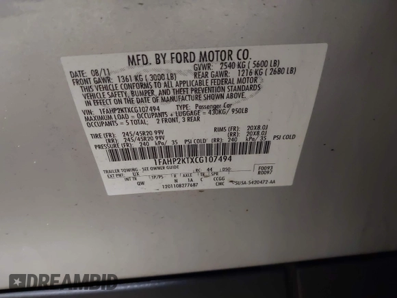 2012 Ford Taurus SHO с VIN 1FAHP2KTXCG107494, выставлен на аукционе IAAI как лот 41951659 с пробегом 128 015 миль миль и . История ставок и продаж доступна на DreamBid. Изображение 9.