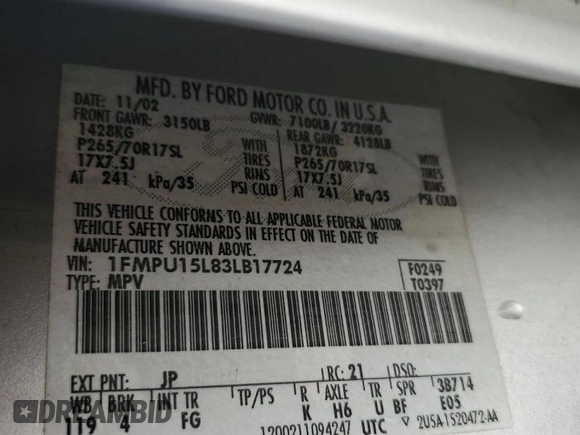 2003 Ford Expedition Special Service with VIN 1FMPU15L83LB17724, listed as a Copart auction lot 42503155 with 397,086 mi miles and Salvage Title. Bid and sale history available at carsss.com. Image 13.
