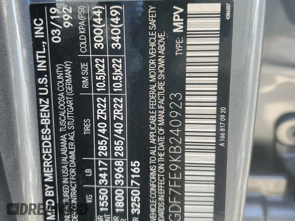 2019 Mercedes-Benz GLS 63 AMG with VIN 4JGDF7FE9KB240923, listed as a Copart auction lot 73303234 with 50,454 mi miles and Salvage title. Bid and sale history available at DreamBid. Image 14.