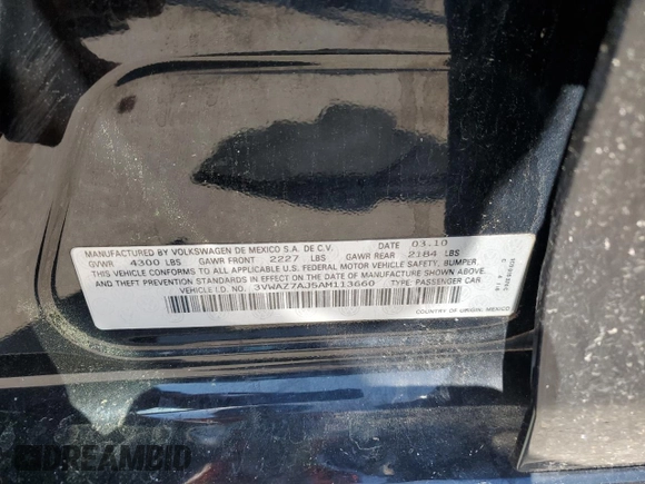 2010 Volkswagen Jetta Limited Edition with VIN 3VWAZ7AJ5AM113660, listed as a Copart auction lot 54730925 with 103,103 mi miles and Salvage title. Bid and sale history available at DreamBid. Image 12.